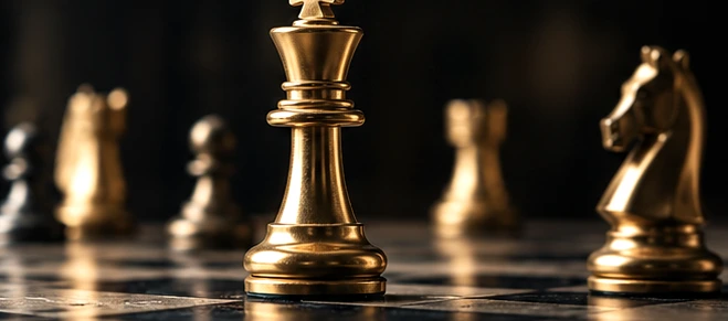 Gold chess pieces on a chessboard